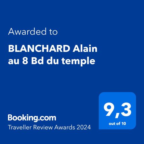 Certifikát, ocenenie alebo iný dokument vystavený v ubytovaní BLANCHARD Alain au 8 Bd du temple