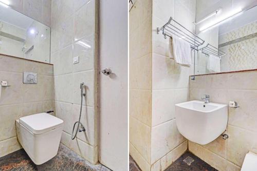 2 Bilder eines Badezimmers mit WC und Waschbecken in der Unterkunft All Season stayz in Haridwar