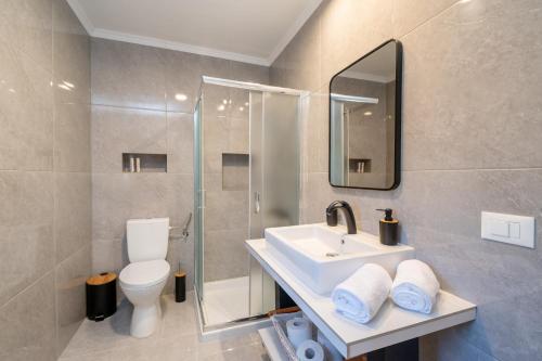 a bathroom with a sink and a toilet and a mirror at Julia's Home in Karavomylos