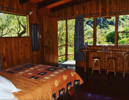 a bedroom with a bed and a desk and windows at El Toucanet Lodge in El Copey