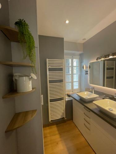 uma casa de banho com um lavatório e um espelho em Domaine La Belle Histoire - Gîte côté Parc em Besset