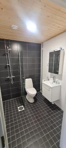 ein Bad mit einem WC und einem Waschbecken in der Unterkunft Modern compact apartment 25 minutes from Helsinki in Espoo