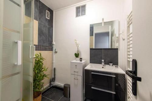 a bathroom with a sink and a mirror and a shower at Appartement spacieux aux portes de Paris in Châtillon