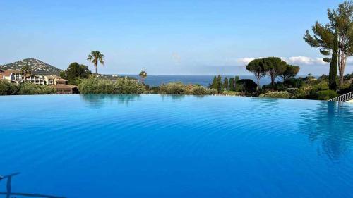 une grande piscine bleue avec l'océan en arrière-plan dans l'établissement Appartement Cap Estérel, à Saint-Raphaël