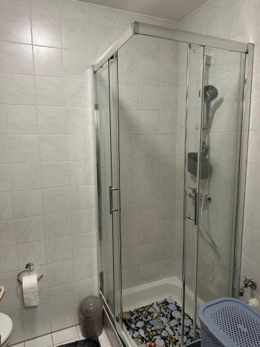 a shower with a glass door in a bathroom at Mani´s Feriendomizil Neuwied in Neuwied