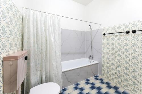 a bathroom with a shower curtain and a toilet at Alojamento Local Servinho Sebastião Maria in Sanfins do Douro