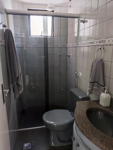 a bathroom with a shower and a toilet and a sink at Apto com suíte, garagem, localização privilegiada in Belo Horizonte