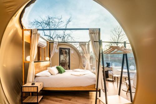 a circular room with a bed and a window at Horizonte Bubble rooms in Cortegana