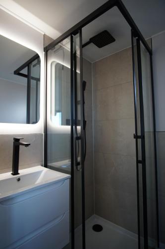 a bathroom with a sink and a glass shower at Modernes festliegendes Hausboot mit großzügiger Dachterrasse und Ruderboot in Röbel