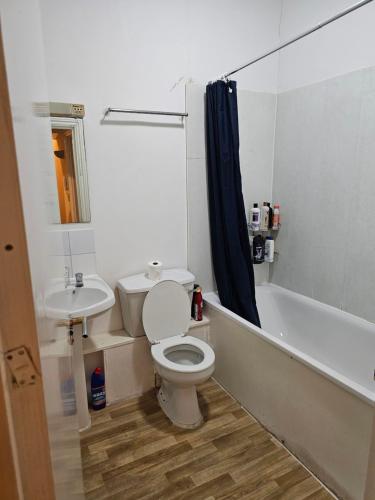 a bathroom with a toilet and a tub and a sink at Harlesden, London in London