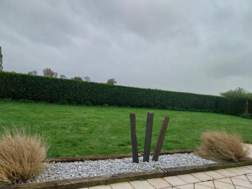 un jardin avec des sculptures au milieu d'un champ dans l'établissement Au bon repos, à Maisons