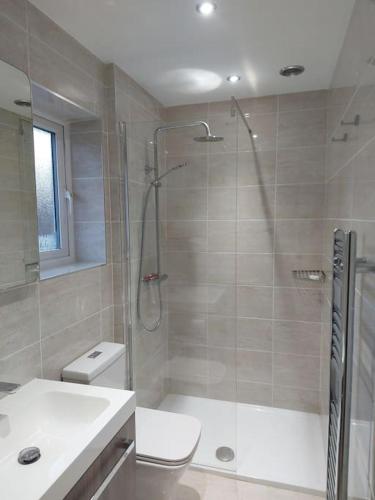a bathroom with a shower and a toilet and a sink at Tarporley No 7 in Tarporley