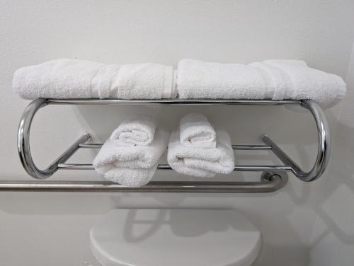 a towel rack with towels on top of a toilet at Texas Bungalows Hotel and Hotel Que in Pflugerville