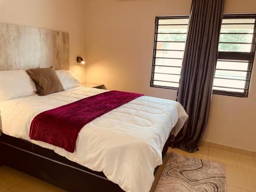 a bedroom with a large bed and two windows at Rocksie Apartments in Maun