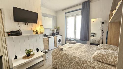 - une chambre avec un lit et une télévision dans l'établissement Le Girod - Wifi - Proche Centre - Netflix, à Clermont-Ferrand