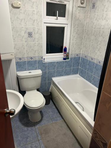 a bathroom with a toilet and a tub and a sink at Sw17 7ls in London