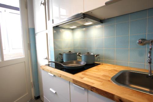 eine Küchentheke mit zwei Töpfen und einer Spüle in der Unterkunft Centrally located 2-room apartment in Hannover