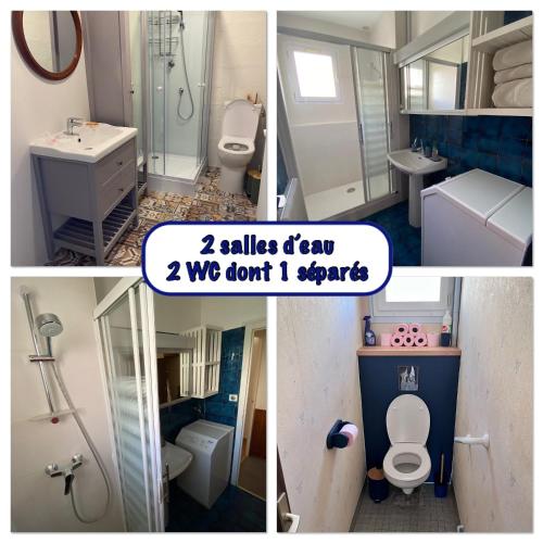 un collage de quatre photos d'une salle de bains dans l'établissement Comme à la maison, à La Roche-sur-Yon