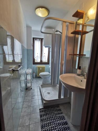 een badkamer met een douche, een toilet en een wastafel bij Maison MayRose in Antey-Saint-André