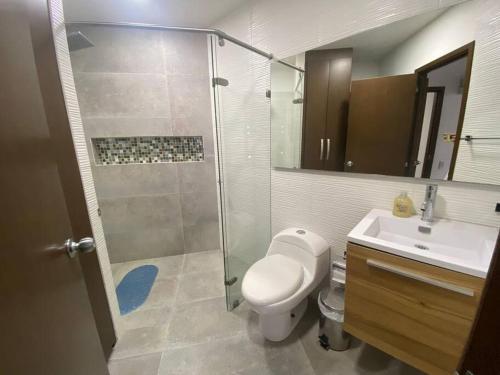 a bathroom with a shower and a toilet and a sink at Aldea Comercial Condominio Ruitoque Golf in Floridablanca