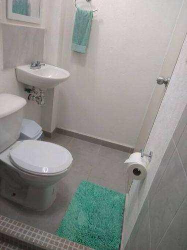 a bathroom with a white toilet and a sink at Acapulco Dreamer Diamante II in Gallinero