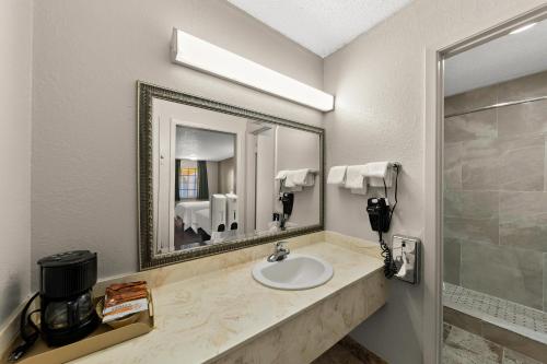 La salle de bains est pourvue d'un lavabo et d'un miroir. dans l'établissement Americas Best Value Inn Bonham, à Bonham