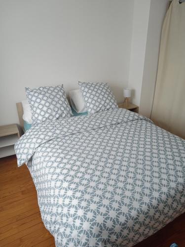 Schlafzimmer mit einem Bett mit einer blauen und weißen Bettdecke in der Unterkunft Location maison pour évènement le mans in Le Mans