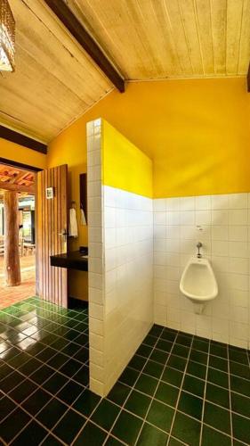 ein Bad mit einem Urinal an einer gelben Wand in der Unterkunft Chácara Cajueiro in Araras
