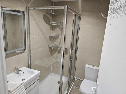 ein Bad mit einer Dusche, einem Waschbecken und einem WC in der Unterkunft Charmful modern studio, renovated, 30 square meters, close to the Kremlin-Bicetre metro station in Le Kremlin-Bicêtre