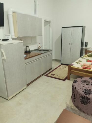 a kitchen with white cabinets and a refrigerator at T.I.M.2 in Bela Crkva