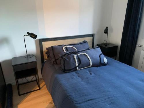 une chambre avec un lit avec des draps et des oreillers bleus dans l'établissement Vannes port - T2 avec wifi - balcon et parking, à Vannes