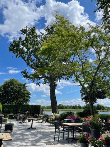 a patio with tables and chairs and a tree at Restaurant-Hotel de Watergeus in Noorden
