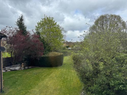 a garden with bushes and trees on the grass at High Trees Guest House Gatwick in Horley