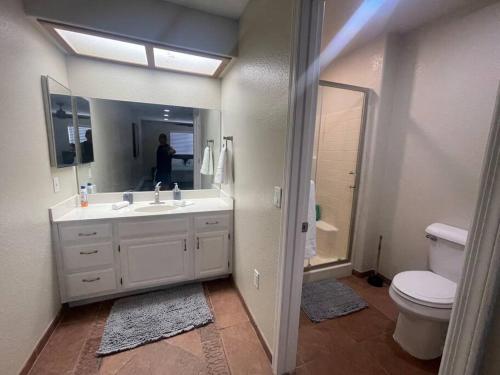 a bathroom with a sink and a toilet and a mirror at Hopi Keys House in Parker