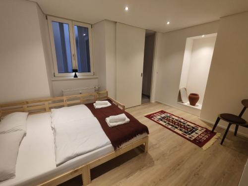 een slaapkamer met een bed, een stoel en een raam bij Suite Kaiser: Charming City Apartment in Waldshut-Tiengen