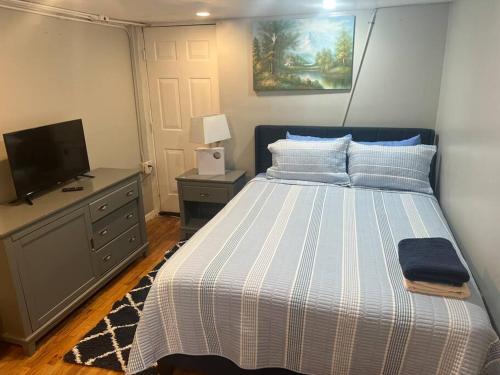 um quarto com uma cama e uma televisão de ecrã plano em The Legato Suite em Brooklyn