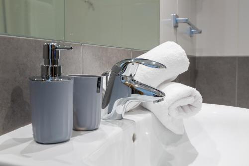 ランソルにあるRefugio Tranquilo junto al Río en Ransol I AndBnBの洗面台(蛇口付)、トイレットペーパー