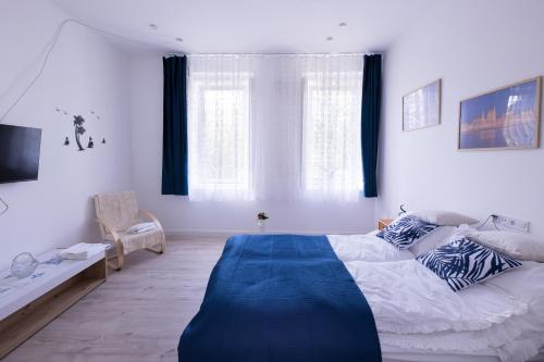 a bedroom with a large bed with a blue blanket on it at Wagner Villa 902 with free private parking in Budapest