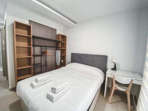 a bedroom with a bed and a desk and a chair at Casa San Juan - Habitaciones privadas Logroño in Logroño