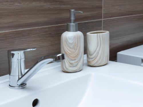 a bathroom sink with a soap dispenser on it at Apartment Kosta in Podgorica