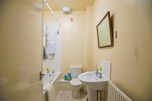 a bathroom with a sink and a toilet and a mirror at 1 bed Flat ''Charlie'' in Dewsbury Rd Leeds in Hunslet
