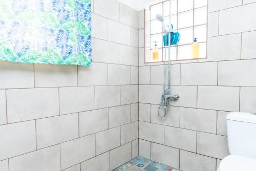 a bathroom with a shower with a toilet and a window at Cosy Studio Anahoa 1 in Papeete in Papeete