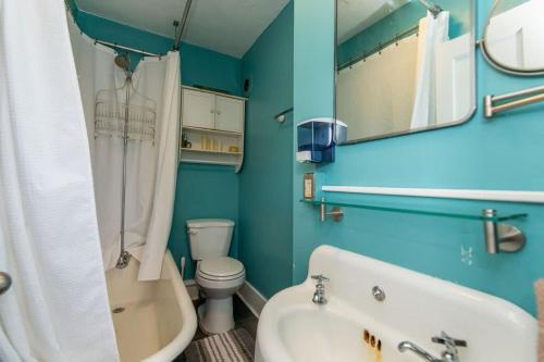 a bathroom with a toilet and a tub and a sink at Centrally Located With Lake Views in Burlington