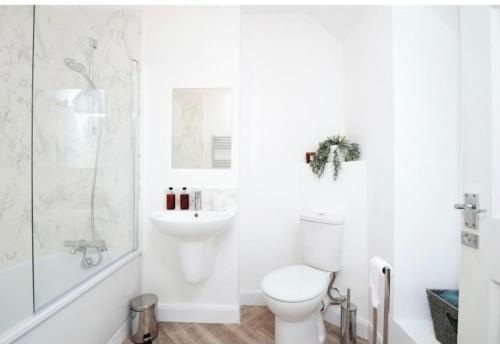 biała łazienka z toaletą i umywalką w obiekcie Heyboys w mieście Swansea