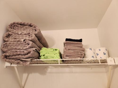 półka z kocami i innymi ręcznikami w obiekcie Lake Greenwood Lodge w mieście Waterloo