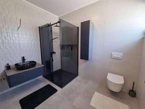a bathroom with a shower and a toilet at Holiday house with a swimming pool Banjol, Rab - 22703 in Rab