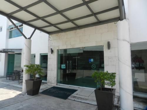 a building with two potted plants in front of it at Hotel Santo Domingo Express in Villahermosa