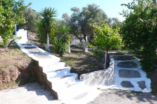 a set of stone steps in a yard with trees at Stefanos Garden in Arménoi