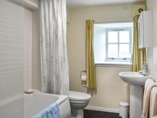 a bathroom with a white toilet and a sink at Cowie Mill Apartment in Stonehaven