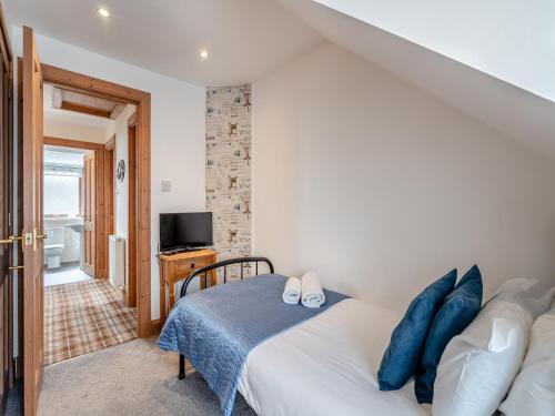 阿維莫爾的住宿－Coire Cas - S4538，一间卧室配有一张带蓝色枕头的床和电视。